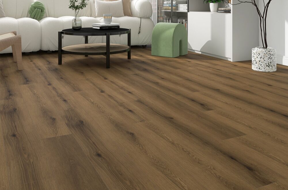 Hydro Xpert Laminate Smoked Wood Room scene in dark brown wood tones.