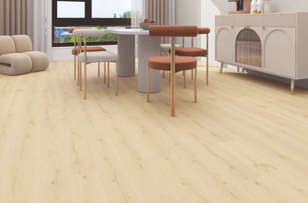 Hydro Xpert Laminate Wild Oak Room scene in blonde wood tones.