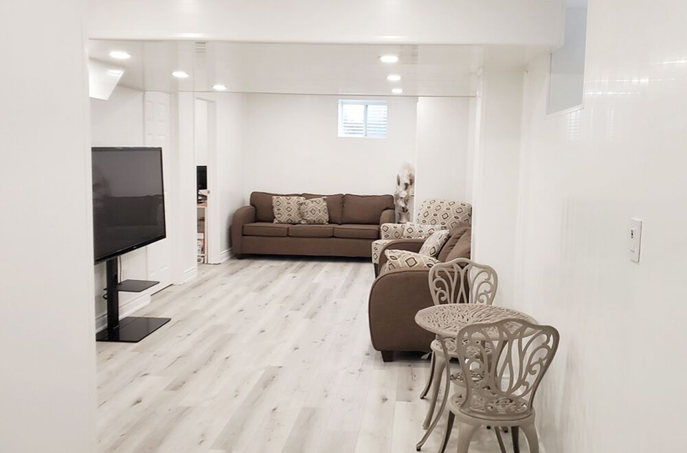 Trusscore wall board and ceiling board in basement